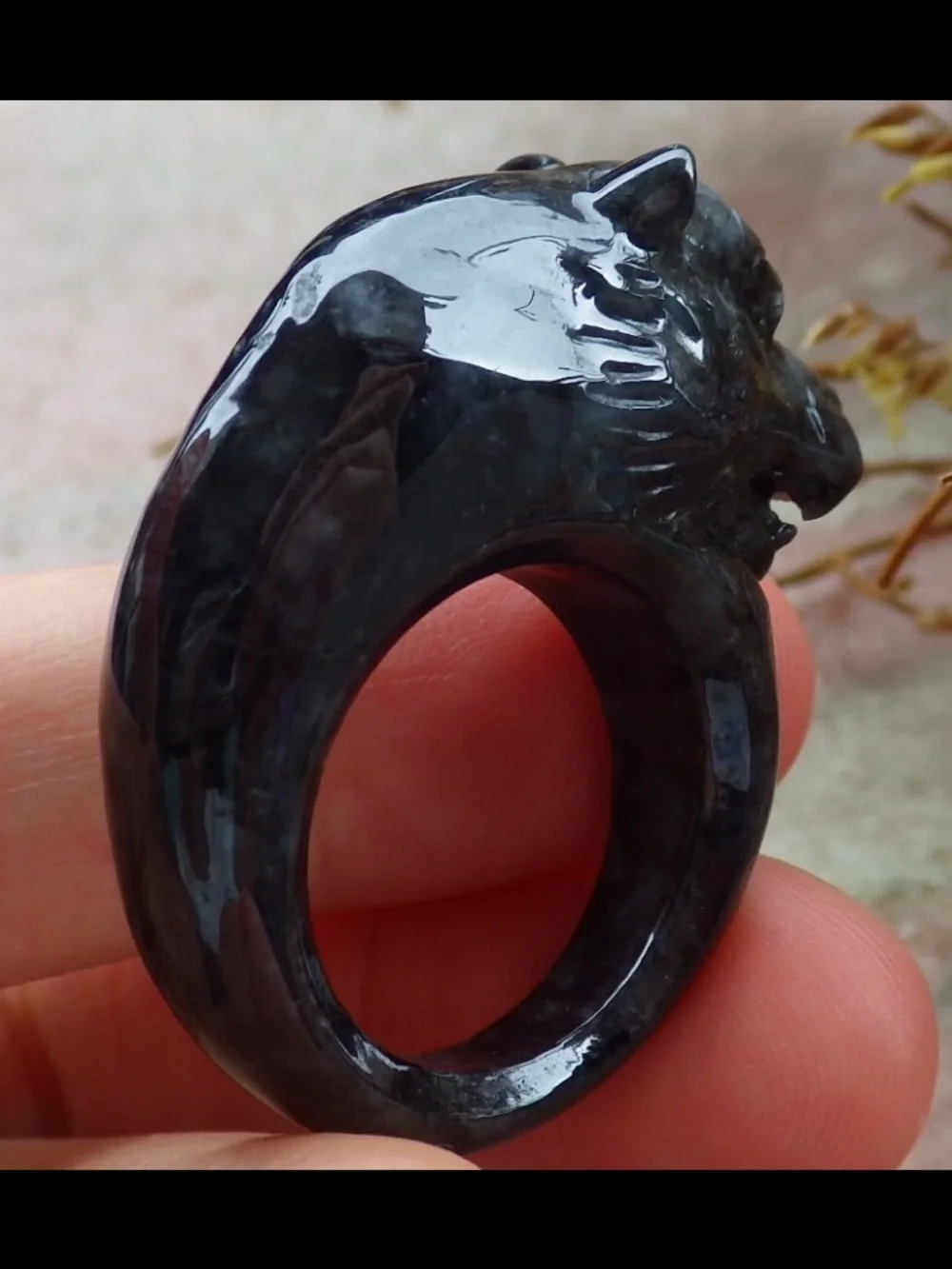 Certificate JADEITE Jade carved black Tiger luck good fortune ring size 7.75